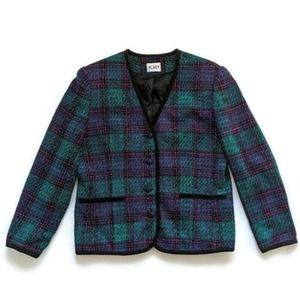 Vintage 80s Jewel Tone Plaid Blazer 10 Teal Green Purple Black Fitted USA Union